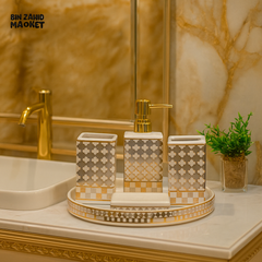 LUXURY CERAMIC BATHROOM SET - WHITE & GOLD DESIGNER ACCESSORY SET FOR PREMIUM WASHROOM INTERIORS
