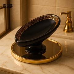 LUXURY CERAMIC SOAP DISH WITH GOLD GEOMETRIC TRIM ELEGANT BATHROOM ACCESSORY - BLACK