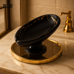 LUXURY CERAMIC SOAP DISH WITH GOLD GEOMETRIC TRIM ELEGANT BATHROOM ACCESSORY - BLACK