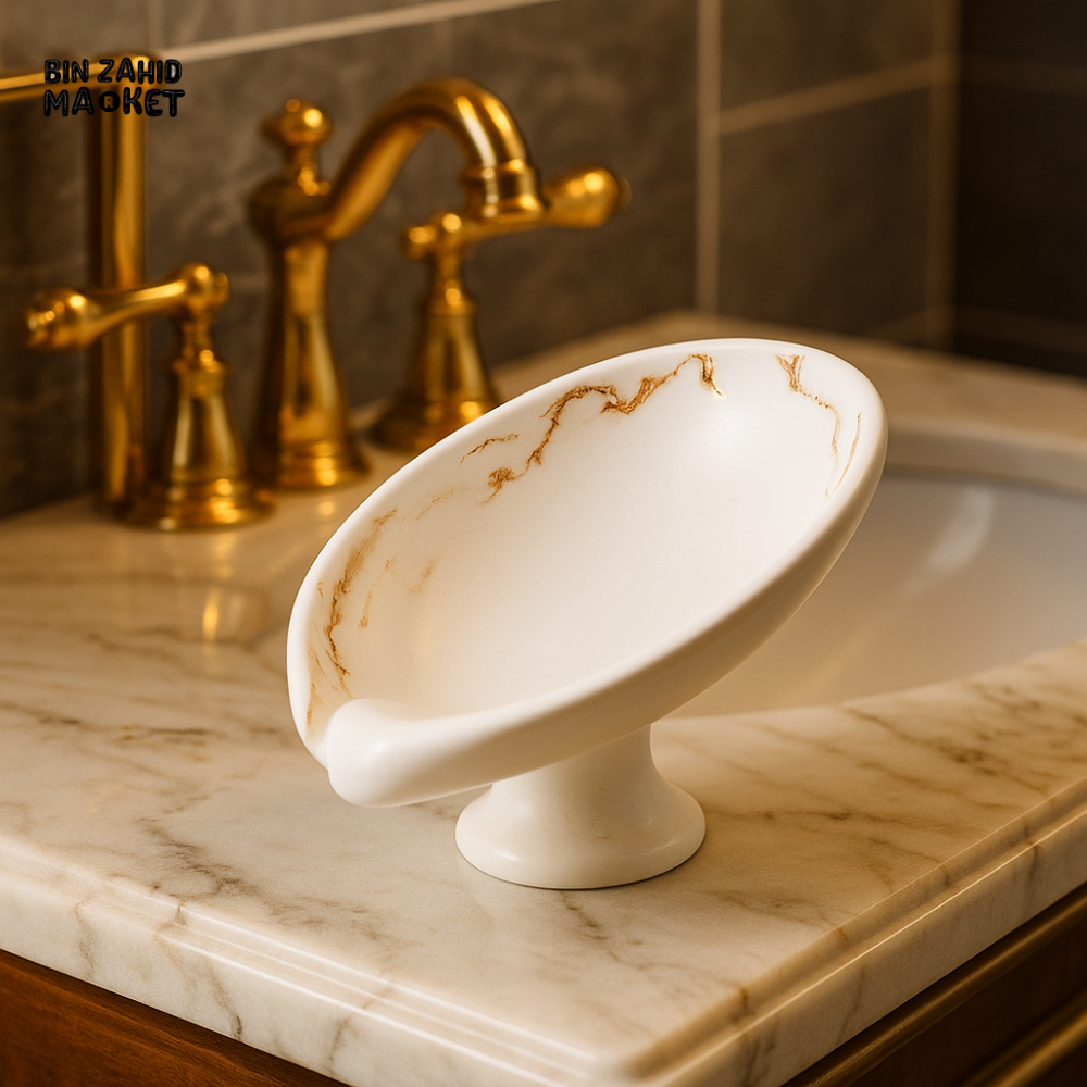 LUXURY CERAMIC SOAP DISH WITH GOLD GEOMETRIC TRIM ELEGANT BATHROOM ACCESSORY - WHITE