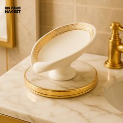 LUXURY CERAMIC SOAP DISH WITH GOLD GEOMETRIC TRIM ELEGANT BATHROOM ACCESSORY - WHITE