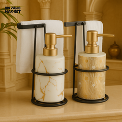 LUXURY CERAMIC SOAP DISPENSER SET – GOLD PRINT WITH TOWEL HOLDER