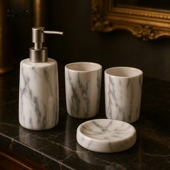 MARBLE CERAMIC BATHROOM ACCESSORY SET – 4 PIECE LUXURY SOAP DISPENSER, TUMBLERS & TRAY