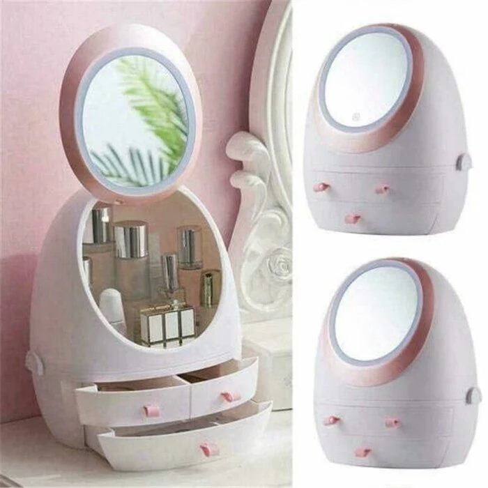 Luxury Makeup Storage Box – Oval LED Mirror & Organizer