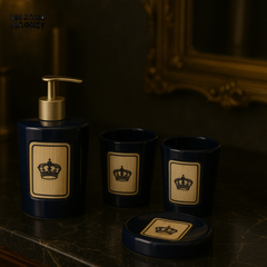 ROYAL CROWN CERAMIC BATHROOM ACCESSORY SET 4 PIECE LUXURY DISPENSER, TUMBLERS & TRAY - BLUE