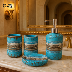 RUSTIC TURQUOISE BATHROOM ACCESSORY SET – 4 PIECE CERAMIC DECOR WITH GEOMETRIC PATTERN & DISTRESSED FINISH