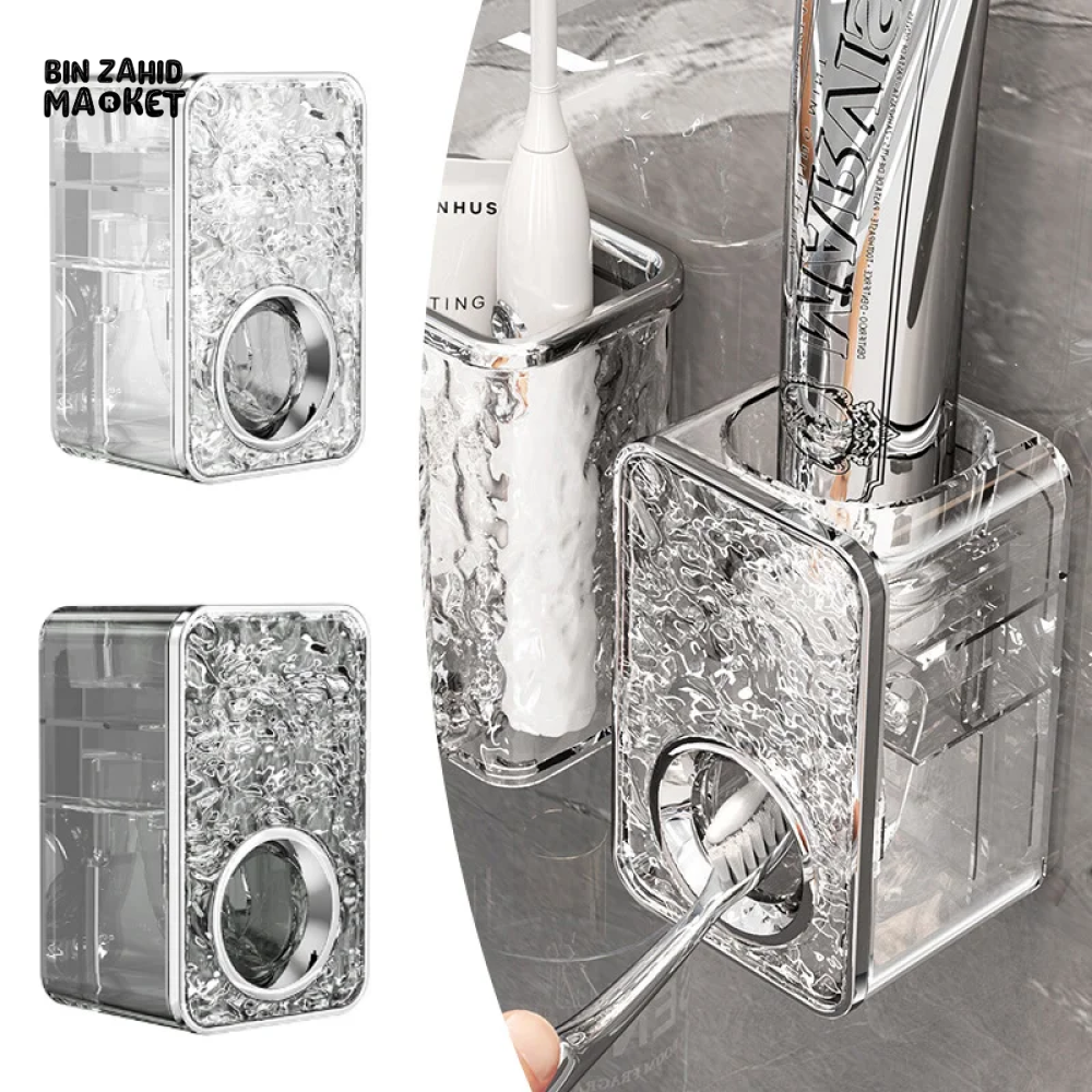 WALL MOUNTED AUTOMATIC TOOTHPASTE DISPENSER & TOOTHBRUSH HOLDER – BATHROOM ORGANIZER WITH STORAGE RACK